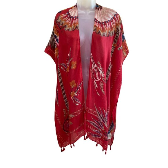 Woven Heart Red BOHO Native American Kimono Feather Vest Size S/M - Picture 1 of 6